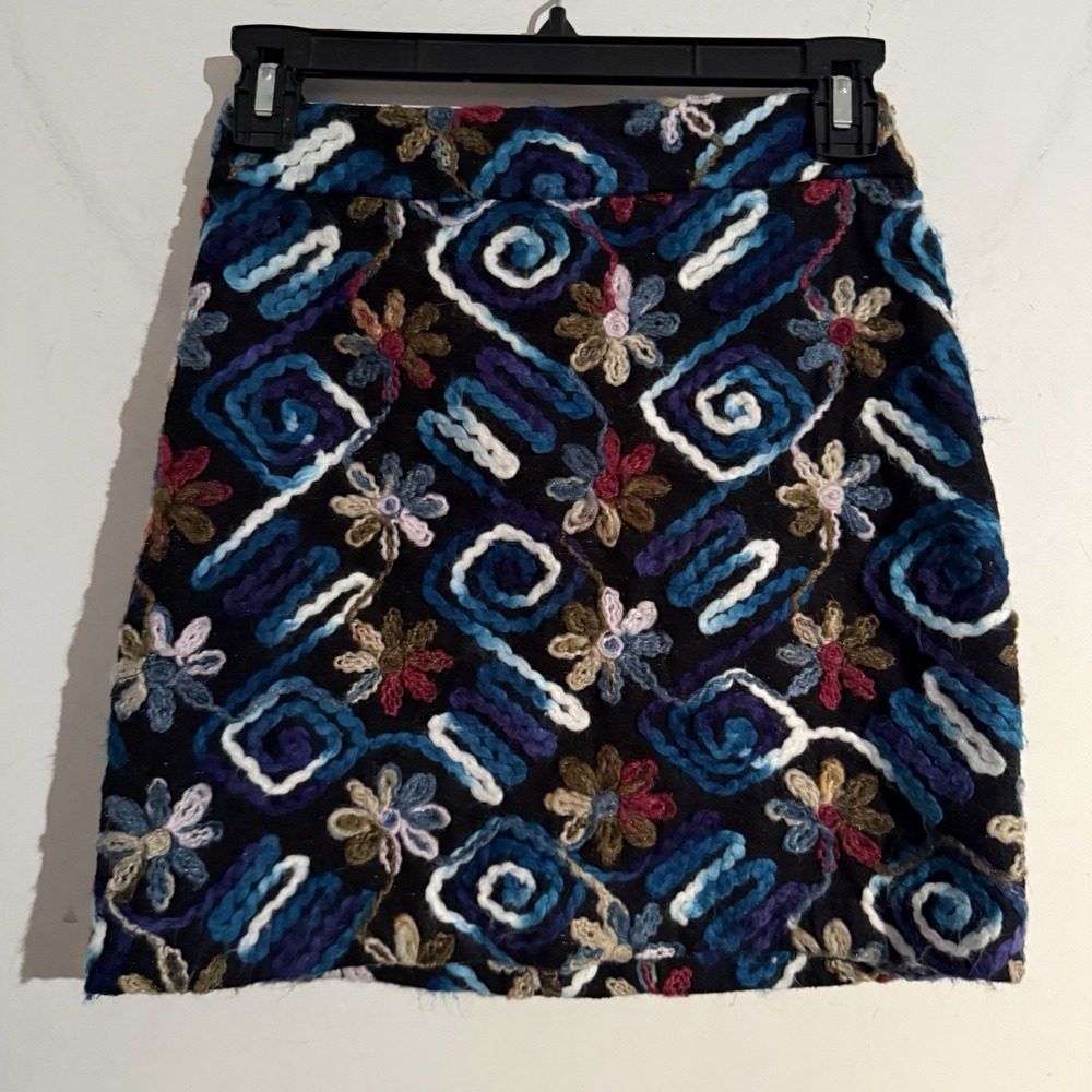 Zara Women's Mini Skirt Size XS Embroidered Yarn Flowers Boho Fairy Festival